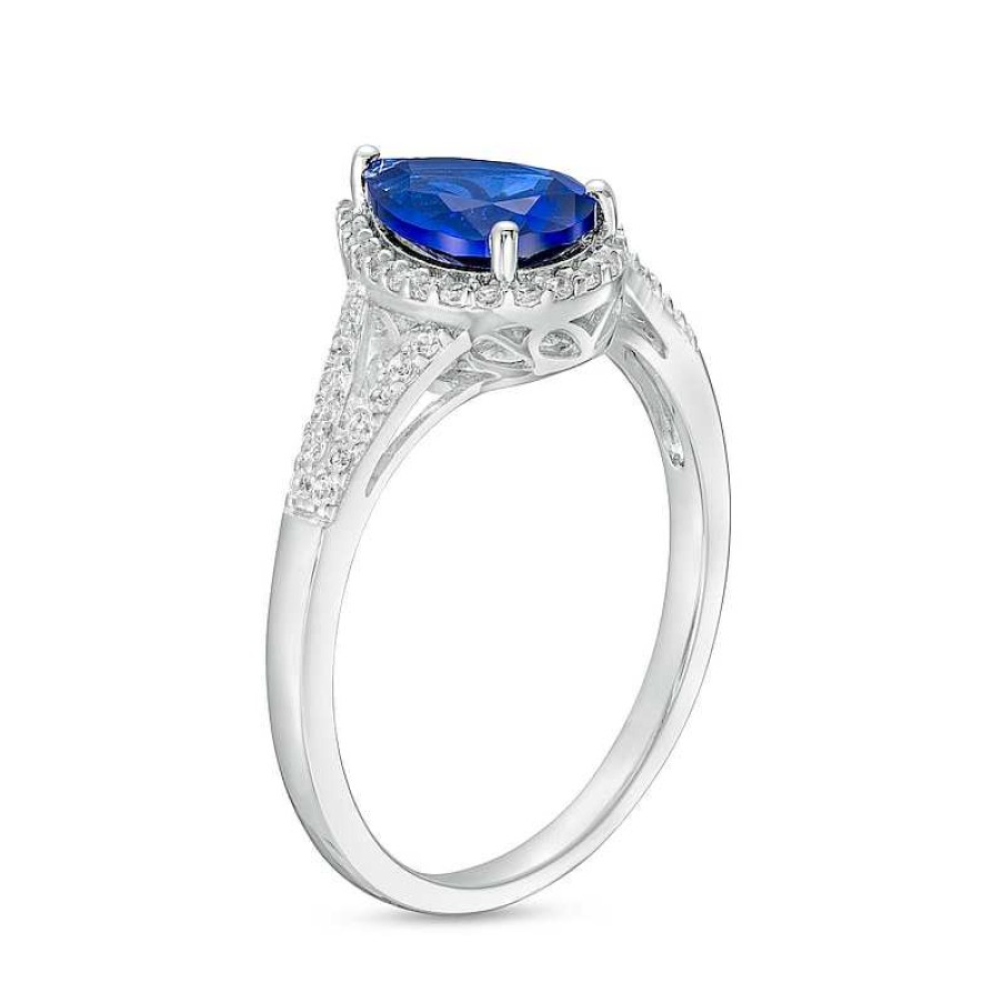 Zales Pear-Shaped Blue And White Lab-Created Sapphire Frame Split Shank Ring In Sterling Silver Rings