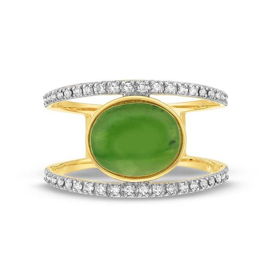 Zales Sideways Oval Jade And 1/5 Ct. T.W. Diamond Open Shank Ring In 10K Gold Rings