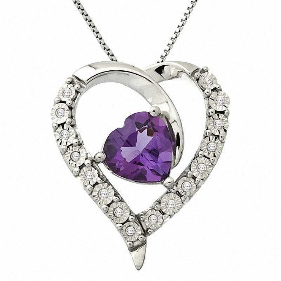 Zales 8.0Mm Heart-Shaped Amethyst And 1/20 Ct. T.W. Diamond Pendant In Sterling Silver Necklaces