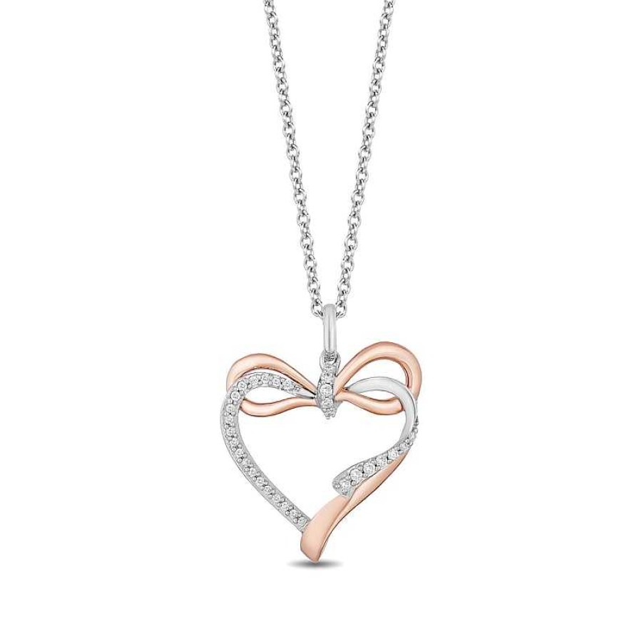 Zales Enchanted Disney Snow White 1/10 Ct. T.W. Diamond Bow Tied Heart Pendant In Sterling Silver And 10K Rose Gold - 19" Necklaces