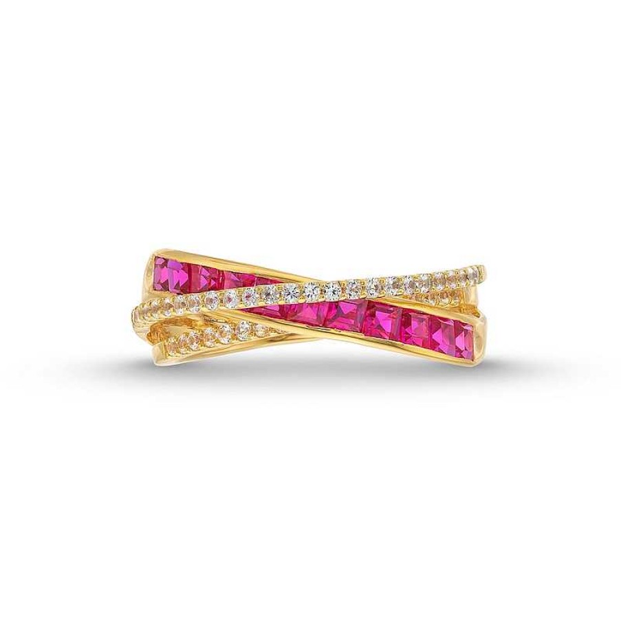 Zales Princess-Cut Lab-Created Ruby And 1/5 Ct. T.W. Diamond Criss-Cross Ring In 10K Gold Rings