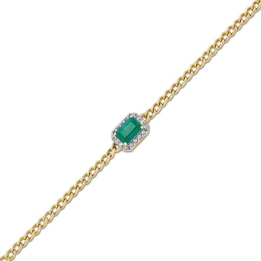 Zales Sideways Emerald-Cut Emerald And 1/10 Ct. T.W. Diamond Frame Curb Chain Bracelet In 10K Gold Bracelets