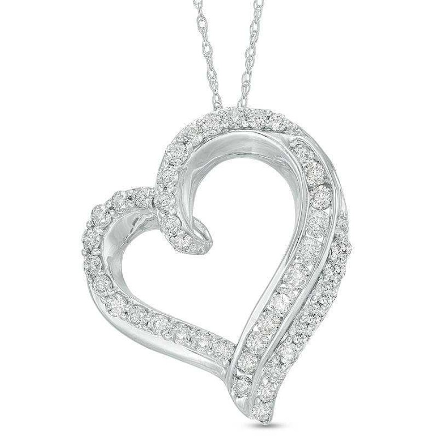 Zales 1 Ct. T.W. Diamond Double Edge Heart Pendant In 10K White Gold Necklaces