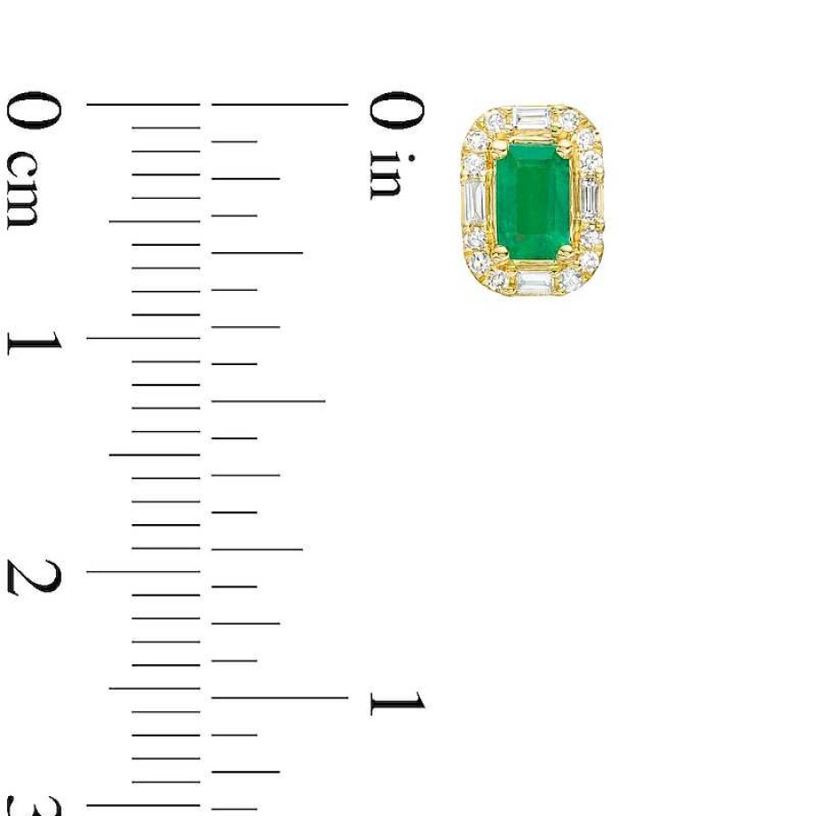 Zales Emerald-Cut Emerald And 1/6 Ct. T.W. Baguette And Round Diamond Frame Stud Earrings In 10K Gold Earrings