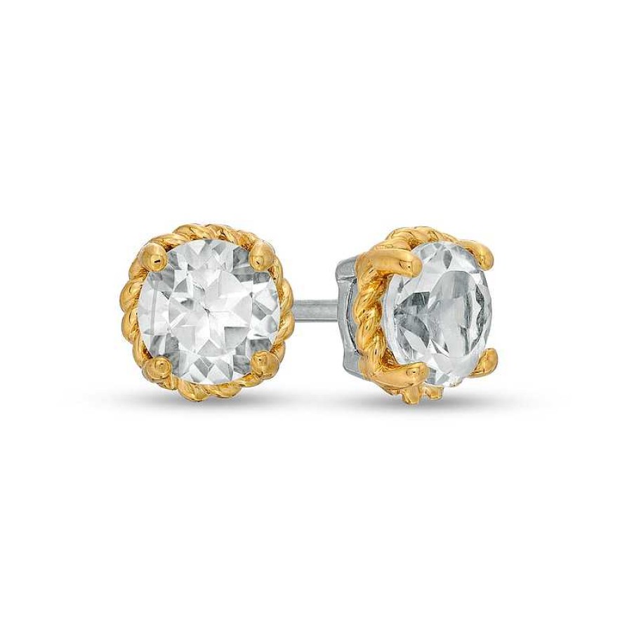 Zales 6.0Mm White Topaz Solitaire Rope-Textured Frame Stud Earrings In Sterling Silver And 10K Gold Earrings