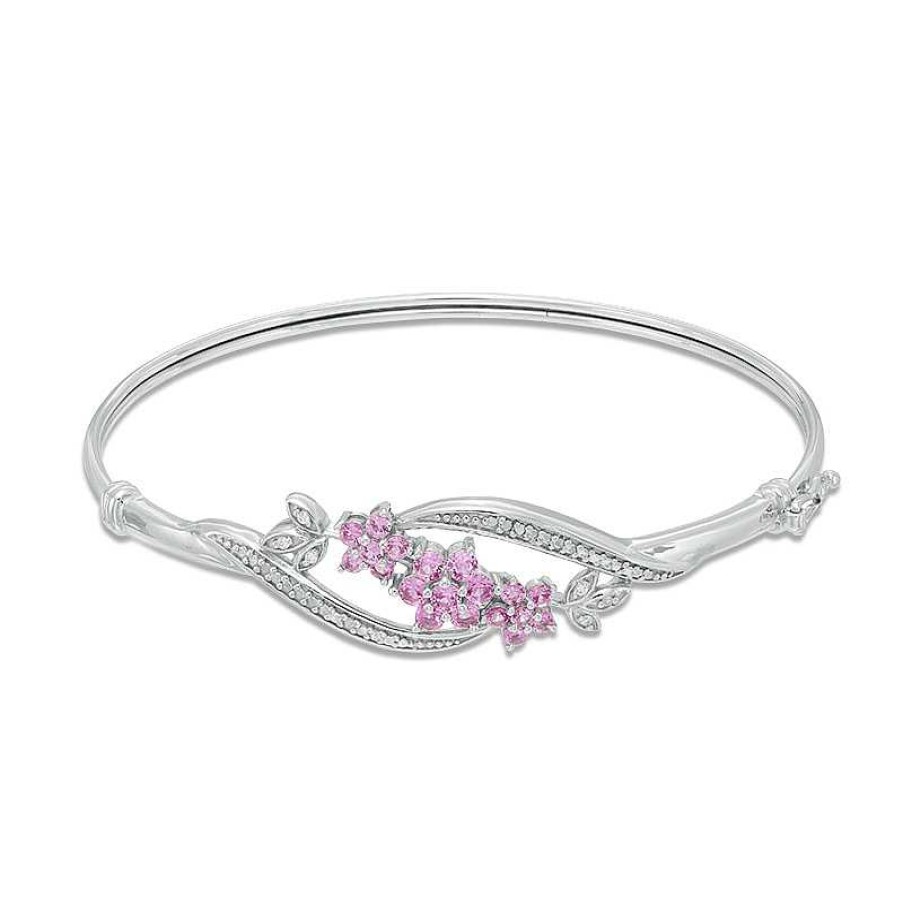 Zales Lab-Created Pink And White Sapphire Flower Cluster Bangle In Sterling Silver Bracelets