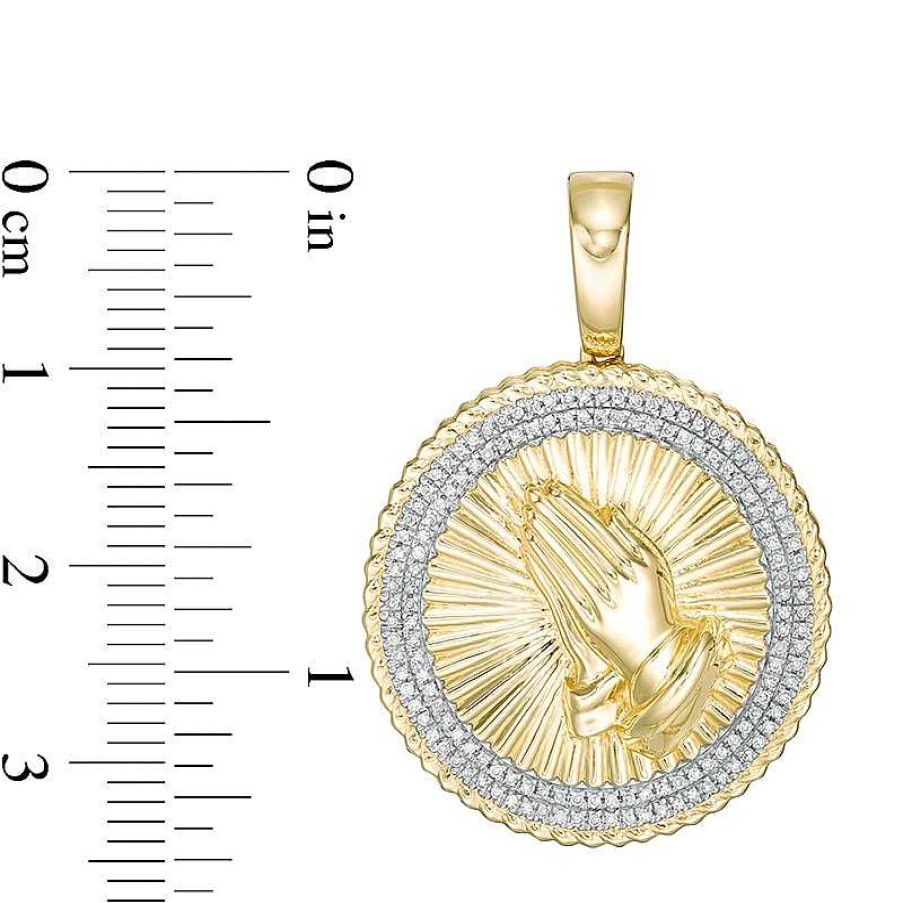 Zales Men'S 1/5 Ct. T.W. Diamond Textured Rope Triple Frame Praying Hands Medallion Necklace Charm In 10K Gold Necklaces