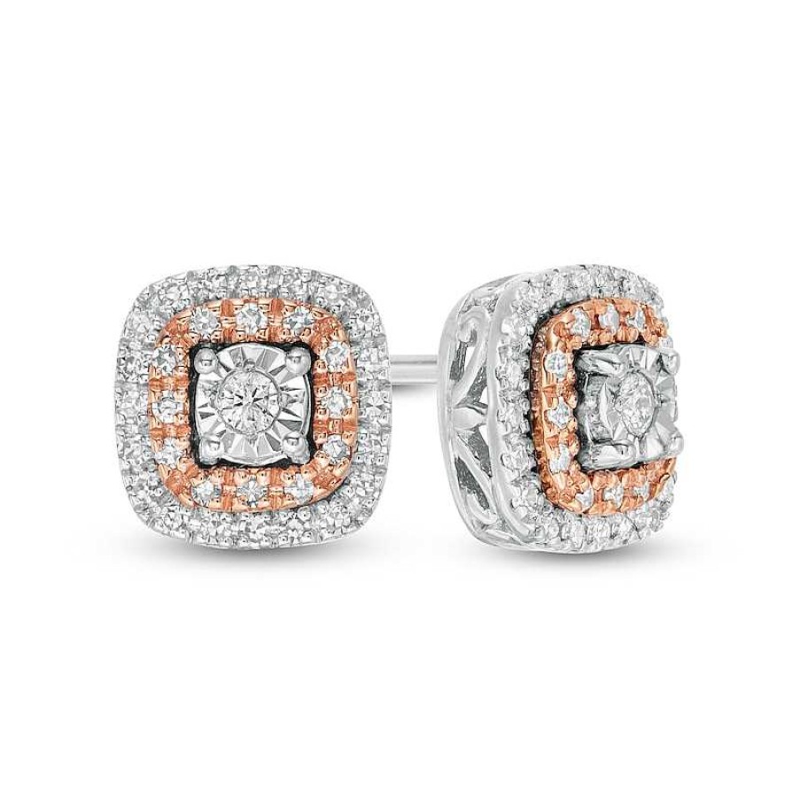 Zales 1/5 Ct. T.W. Diamond Cushion Frame Stud Earrings In Sterling Silver And 10K Rose Gold Earrings