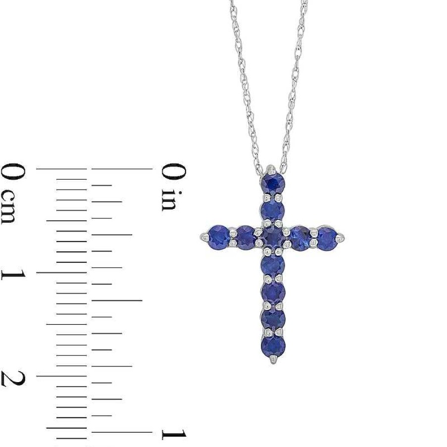 Zales Blue Sapphire Cross Pendant In 10K White Gold Necklaces