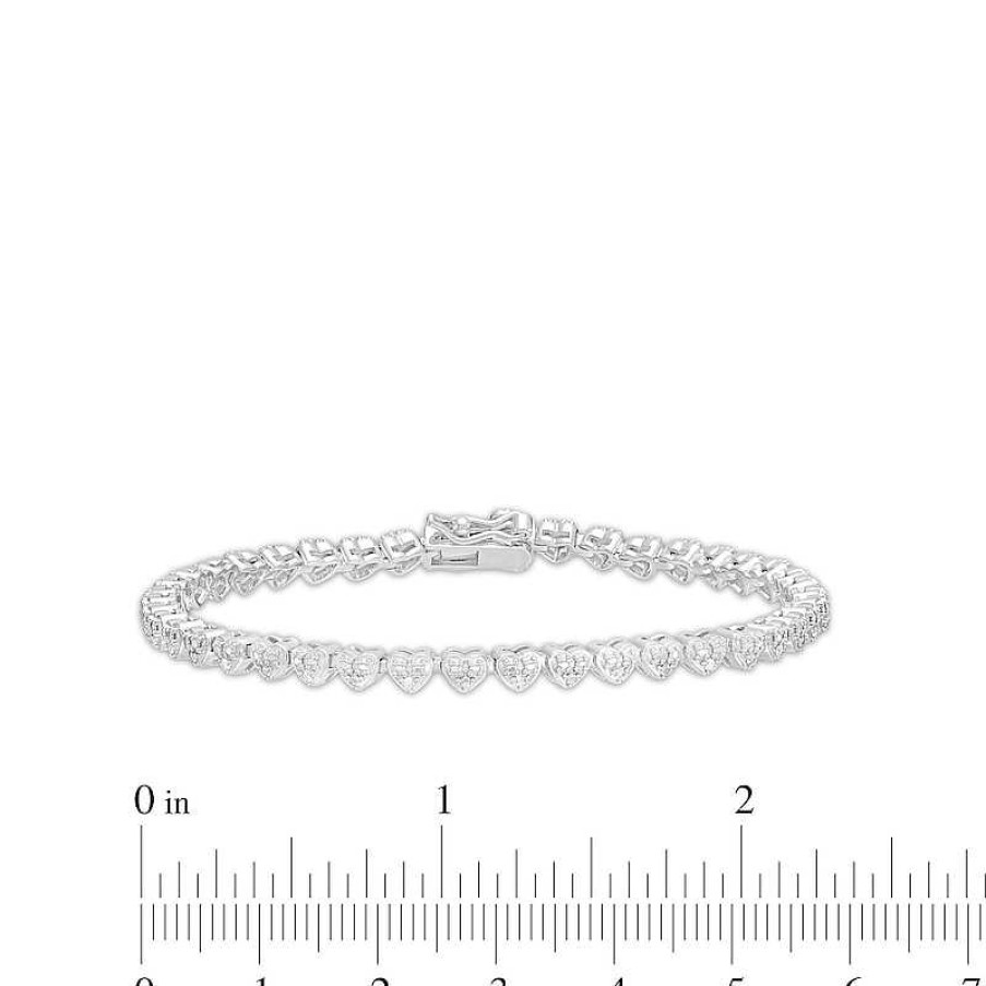 Zales 1/10 Ct. T.W. Diamond Beaded Hearts Link Line Bracelet In Sterling Silver - 7.25" Bracelets