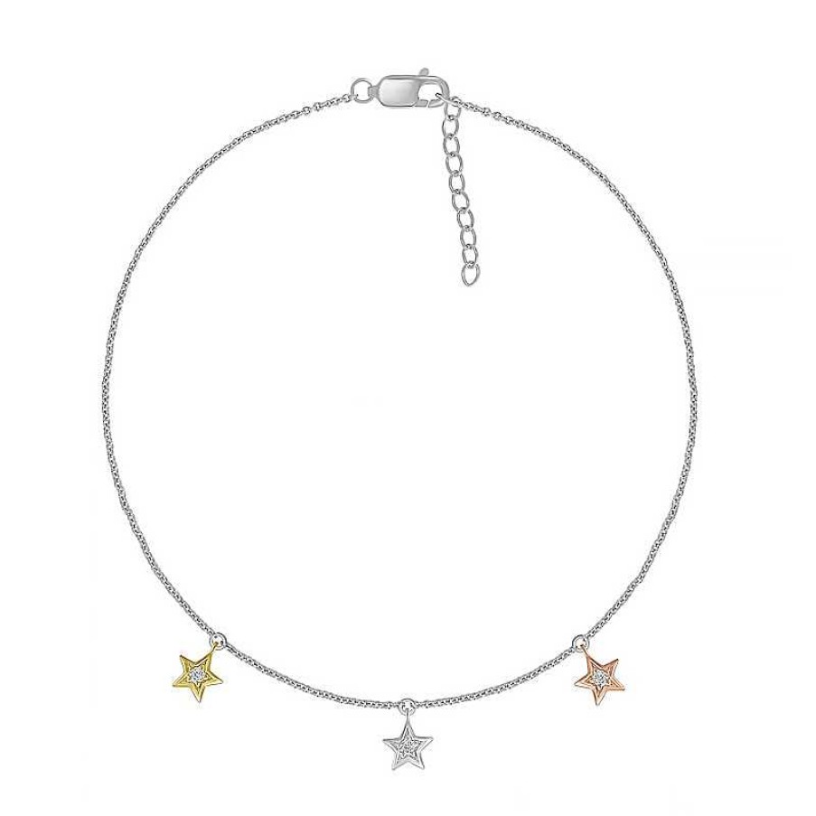 Zales Diamond Accent Triple Star Anklet In Sterling Silver And 10K Two-Tone Gold 10" Bracelets