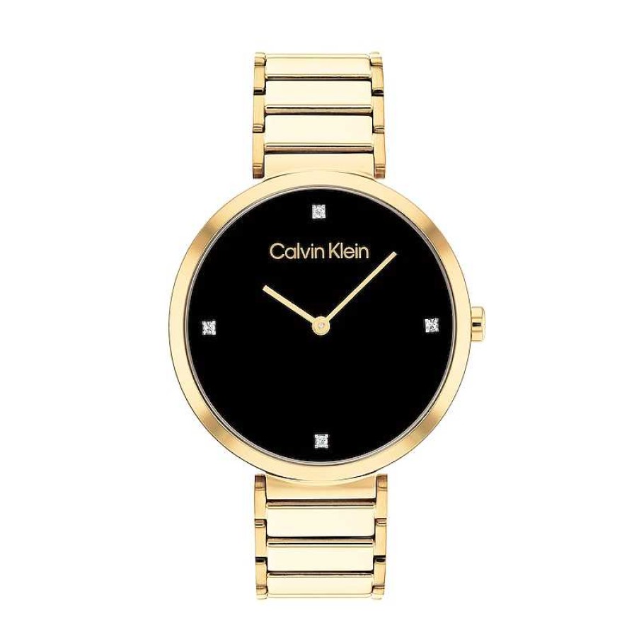 Calvin Klein Ladies' Calvin Klein Crystal Accent Gold-Tone Ip Watch With Black Dial (Model: 25200136) Watches