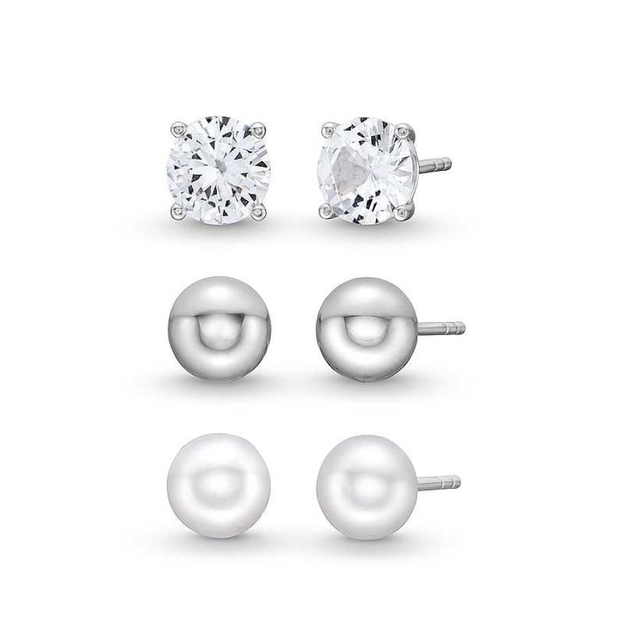 Zales 7.0Mm Cultured Freshwater Pearl, White Lab-Created Sapphire Solitaire And Ball Stud Earrings Set In Sterling Silver Earrings