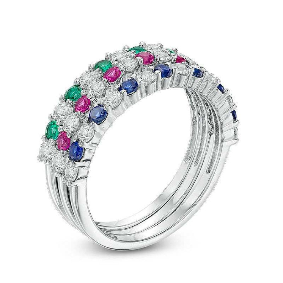 Zales Lab-Created Emerald, Ruby, Blue And White Sapphire Three Piece Stackable Ring Set In Sterling Silver Rings