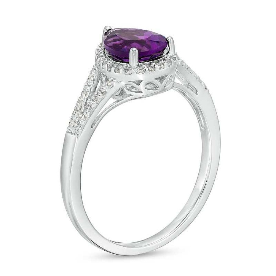 Zales Pear-Shaped Amethyst And White Lab-Created Sapphire Frame Split Shank Ring In Sterling Silver Rings