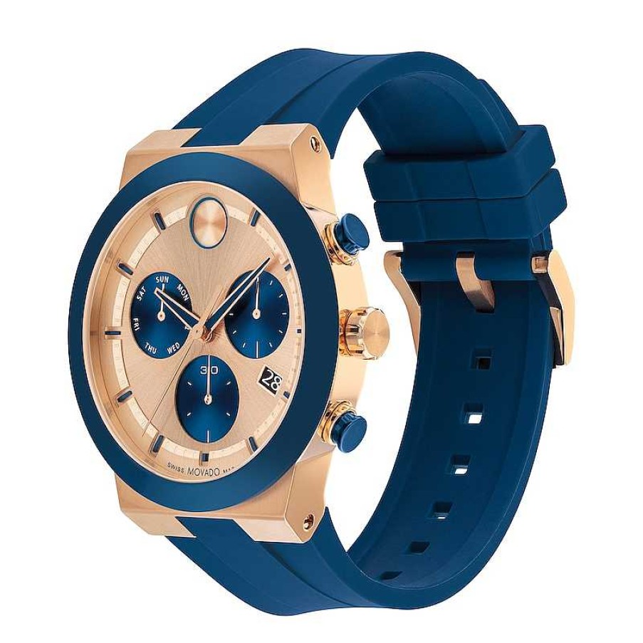 Movado Men'S Movado Bold® Fusion Chronograph Blue Strap Watch With Rose-Tone Ip Dial And Date Window (Model: 3601139) Watches