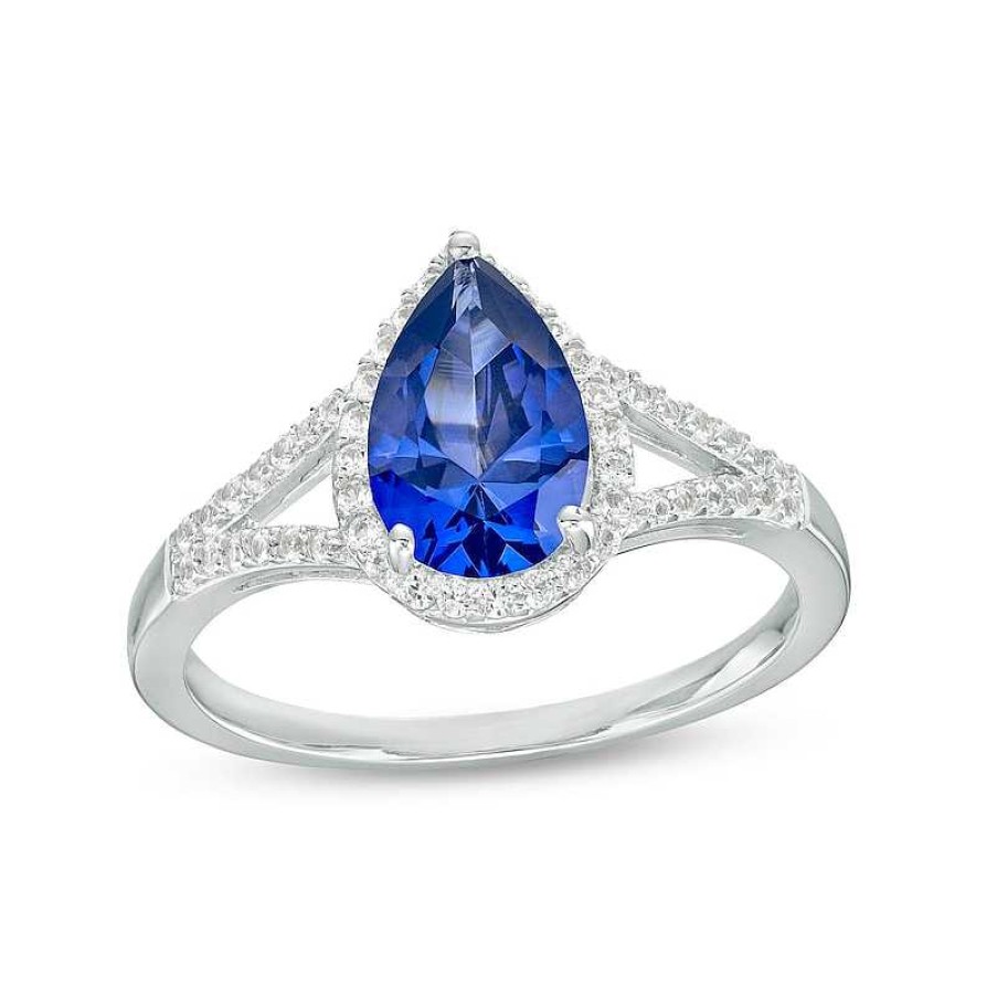 Zales Pear-Shaped Blue And White Lab-Created Sapphire Frame Split Shank Ring In Sterling Silver Rings