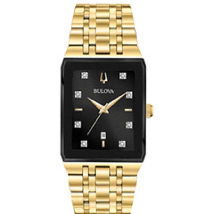 Bulova Men'S Bulova Modern Diamond Accent Gold-Tone Watch With Rectangular Black Dial (Model: 97D118) Watches