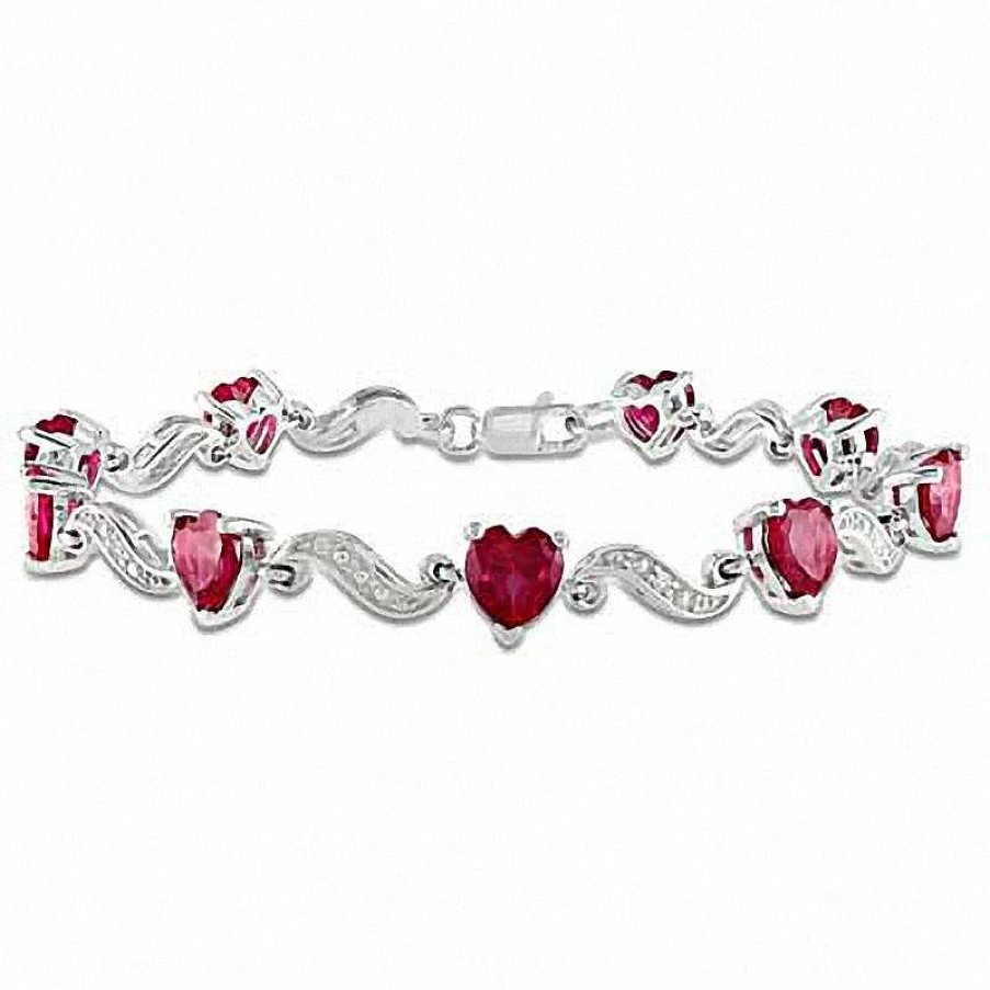 Zales 6.0Mm Heart-Shaped Lab-Created Ruby And Diamond Accent Bracelet In Sterling Silver Bracelets