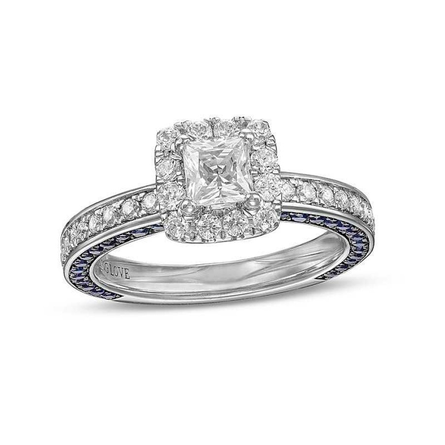 Zales Vera Wang Love Collection Sapphire And 1 Ct. T.W. Princess-Cut Diamond Frame Engagement Ring In 14K White Gold Rings