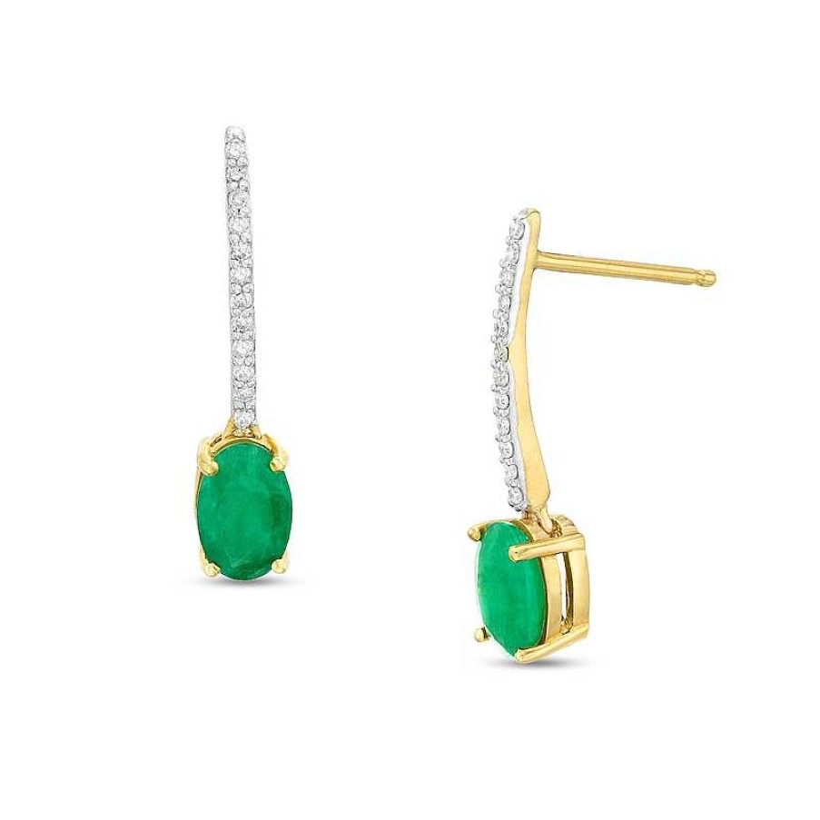 Zales Oval Emerald And 1/15 Ct. T.W. Diamond Drop Earrings In 10K Gold Earrings