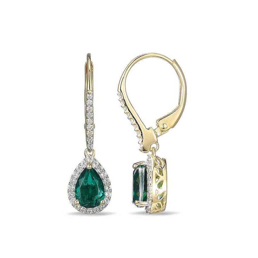 Zales Pear-Shaped Green Quartz And White Lab-Created Sapphire Frame Drop Earrings In Sterling Silver With 18K Gold Plate Earrings