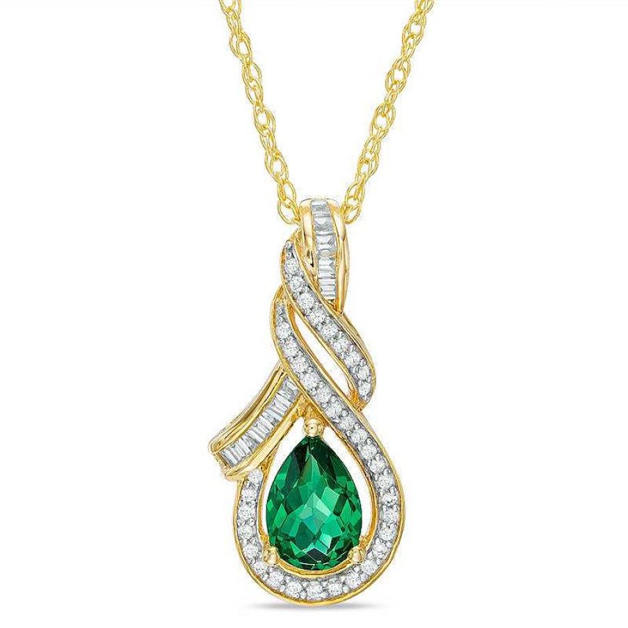 Zales Pear-Shaped Lab-Created Emerald And White Sapphire Cascading Teardrop Pendant In Sterling Silver With 14K Gold Plate Necklaces