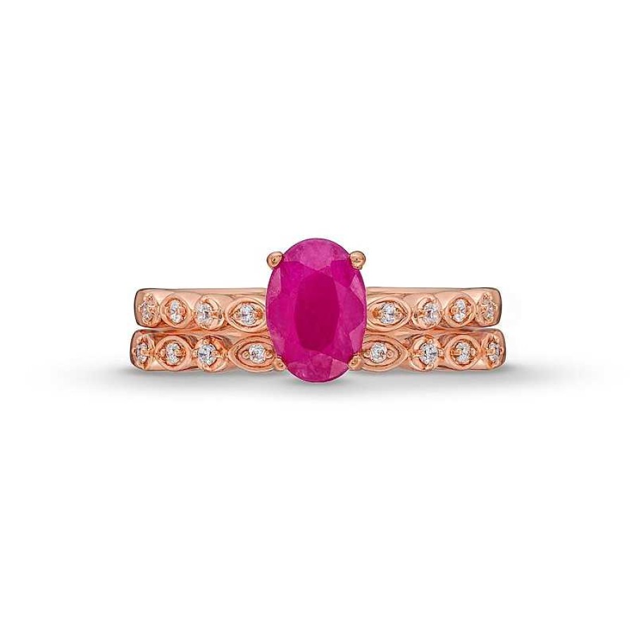 Zales Oval Certified Ruby And 1/10 Ct. T.W. Diamond Art Deco Double Row Engagement Ring In 10K Rose Gold Rings