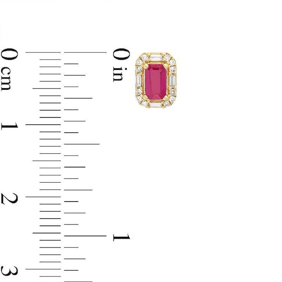 Zales Emerald-Cut Ruby And 1/6 Ct. T.W. Diamond Frame Stud Earrings In 10K Gold Earrings