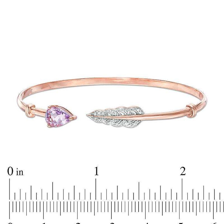 Zales Pear-Shaped Amethyst And White Lab-Created Sapphire Feather Bangle In Sterling Silver With 14K Rose Gold Plate Bracelets