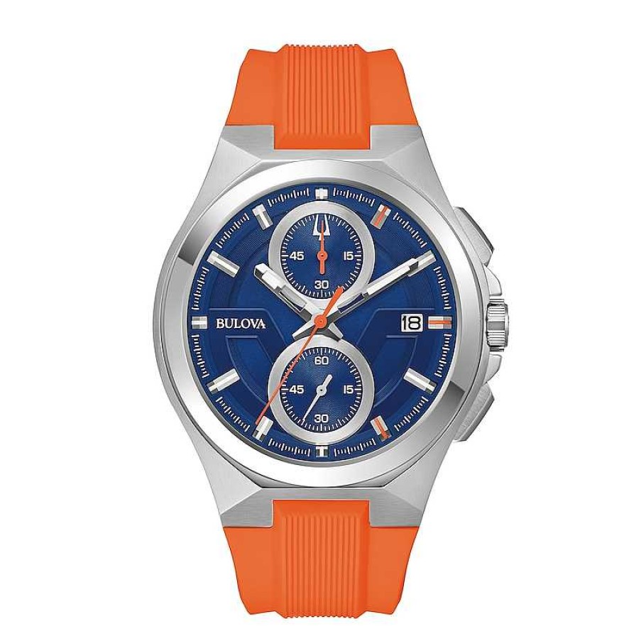 Bulova Men'S Bulova Maquina Silver-Tone Chronograph Orange Strap Watch With Blue Dial (Model: 96B407) Watches