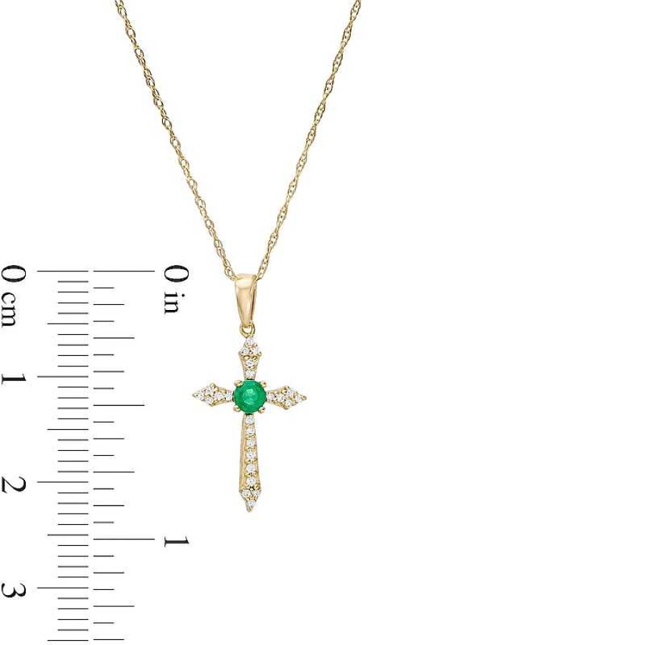 Zales 3.0Mm Emerald And 1/15 Ct. T.W. Diamond Cross Pendant In 10K Gold Necklaces