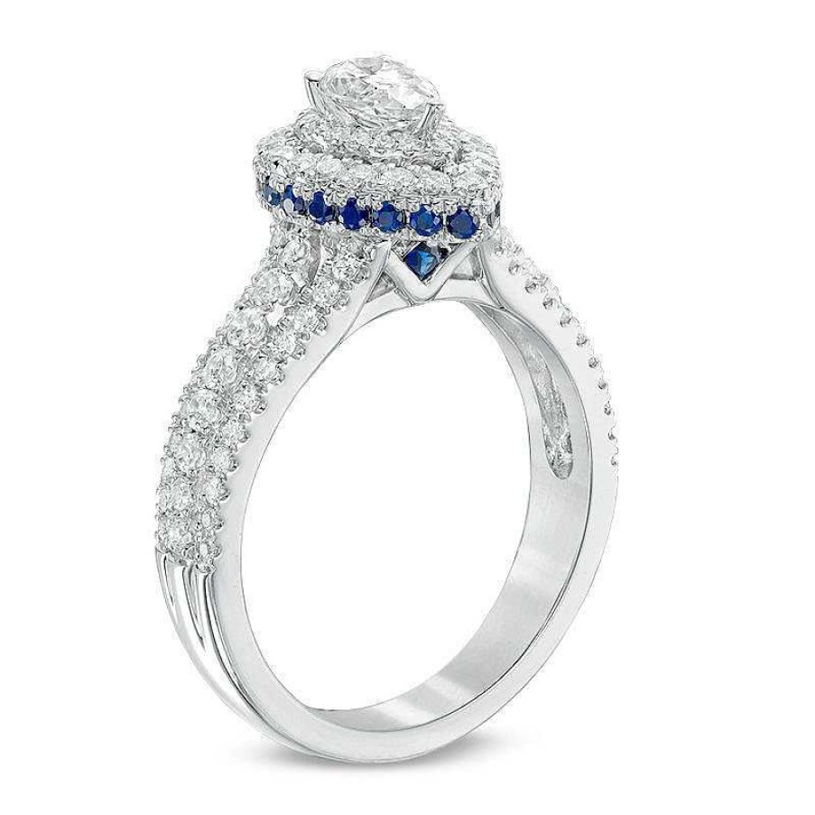 Zales Vera Wang Love Collection 1 Ct. T.W. Pear-Shaped Diamond And Sapphire Double Frame Engagement Ring In 14K White Gold Rings