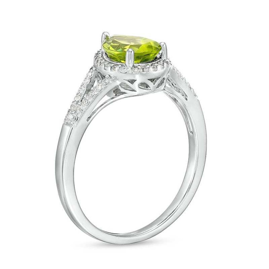 Zales Pear-Shaped Peridot And White Lab-Created Sapphire Frame Split Shank Ring In Sterling Silver Rings