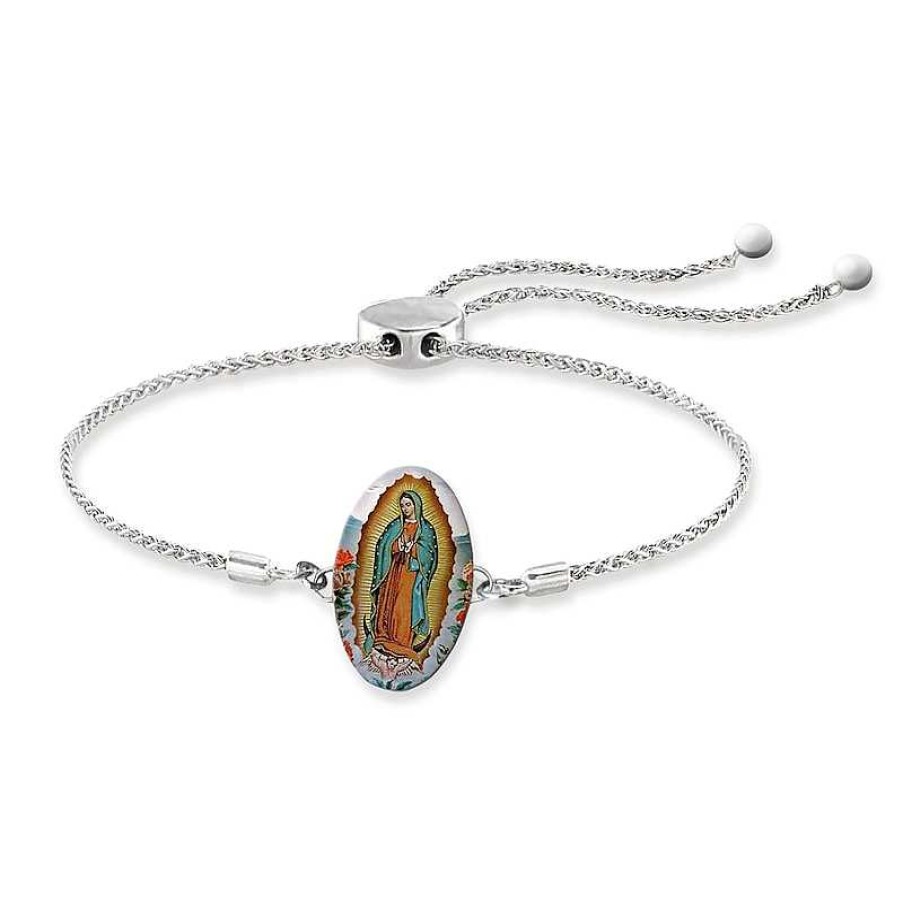 Zales Engravable Enamel Our Lady Of Guadalupe Oval Bolo Bracelet In Sterling Silver (1 Line) Bracelets