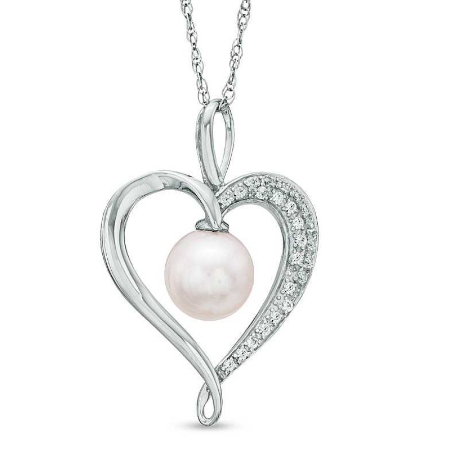 Zales 7.5 - 8.0Mm Cultured Freshwater Pearl And Lab-Created White Sapphire Heart Pendant In Sterling Silver Necklaces