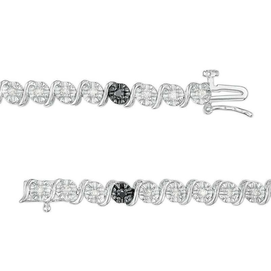 Zales 1 Ct. T.W. Black And White Diamond Five Stone Station "S" Link Tennis Bracelet In Sterling Silver - 7.25" Bracelets