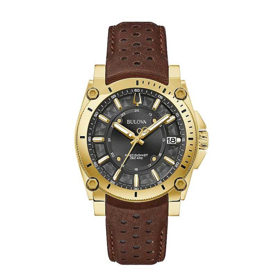 Bulova Men'S Bulova Icon Gold-Tone Brown Racing Strap Watch With Black Dial (Model: 97B216) Watches