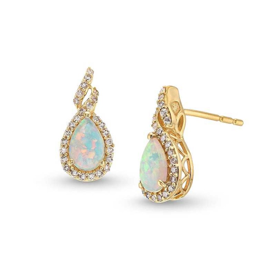 Zales Pear-Shaped Lab-Created Opal And 1/6 Ct. T.W. Diamond Frame Twist Stud Earrings In 10K Gold Earrings