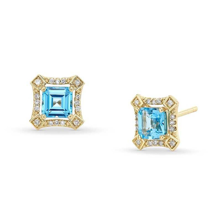 Zales Asscher-Cut London Blue Topaz And 1/10 Ct. T.W. Diamond Concave Frame Stud Earrings In 10K Gold Earrings