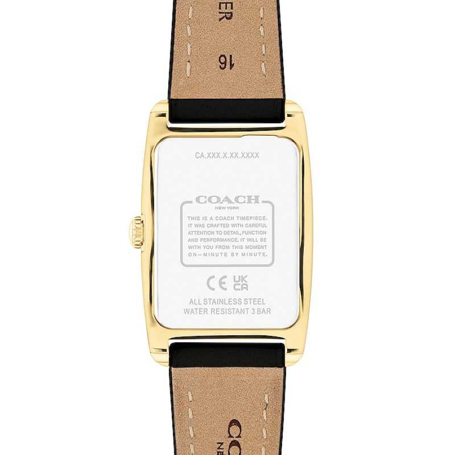 Coach Ladies' Coach Reese Gold-Tone Ip Black Leather Strap Watch With Rectangular White Dial (Model: 14504312) Watches