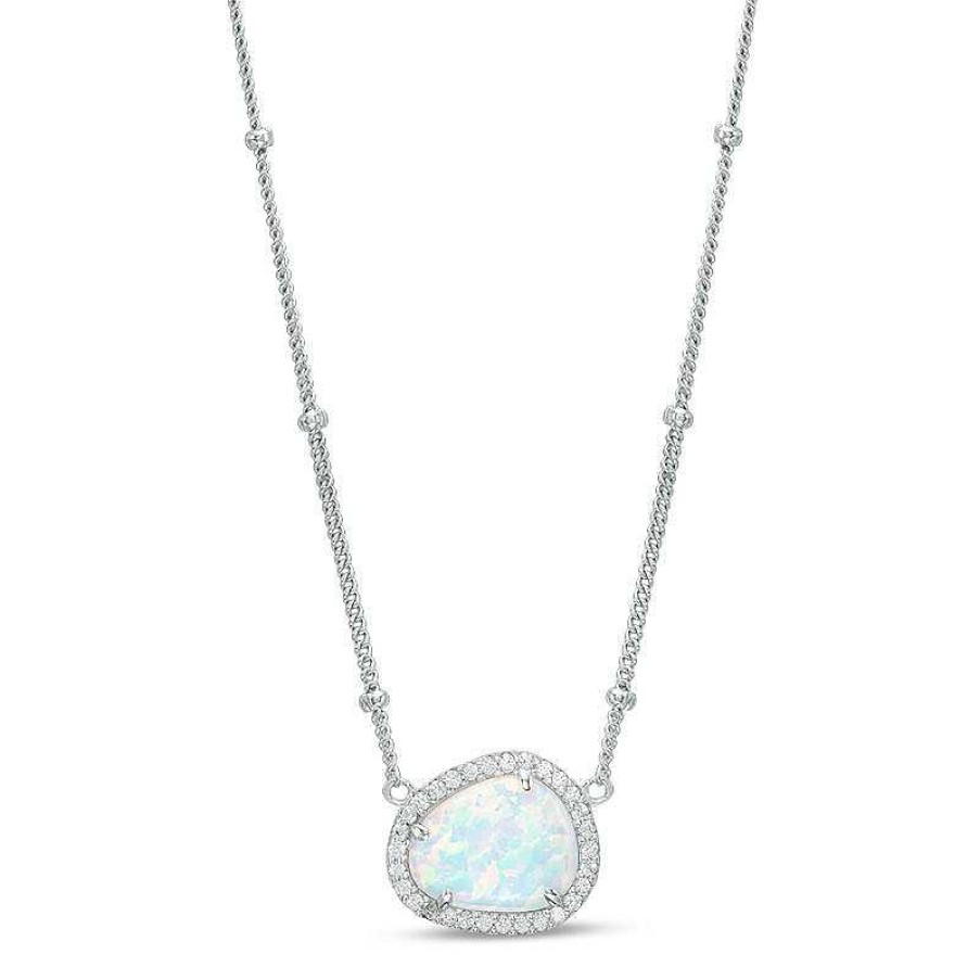 Zales Pear-Shaped Lab-Created Opal And White Sapphire Frame Necklace In Sterling Silver - 16" Necklaces