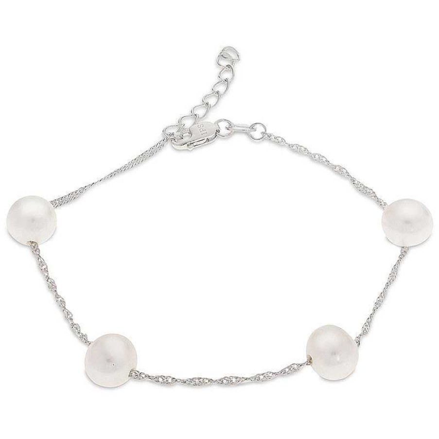 Zales 7.0-8.0Mm Oval Cultured Freshwater Pearl Station Bracelet In Sterling Silver - 8.5" Bracelets