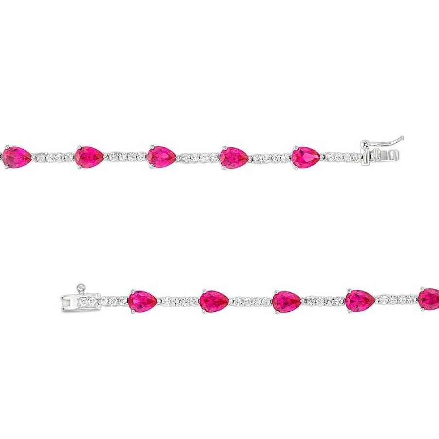 Zales Pear-Shaped Lab-Created Ruby And White Lab-Created Sapphire Station Line Bracelet In Sterling Silver - 7.25" Bracelets