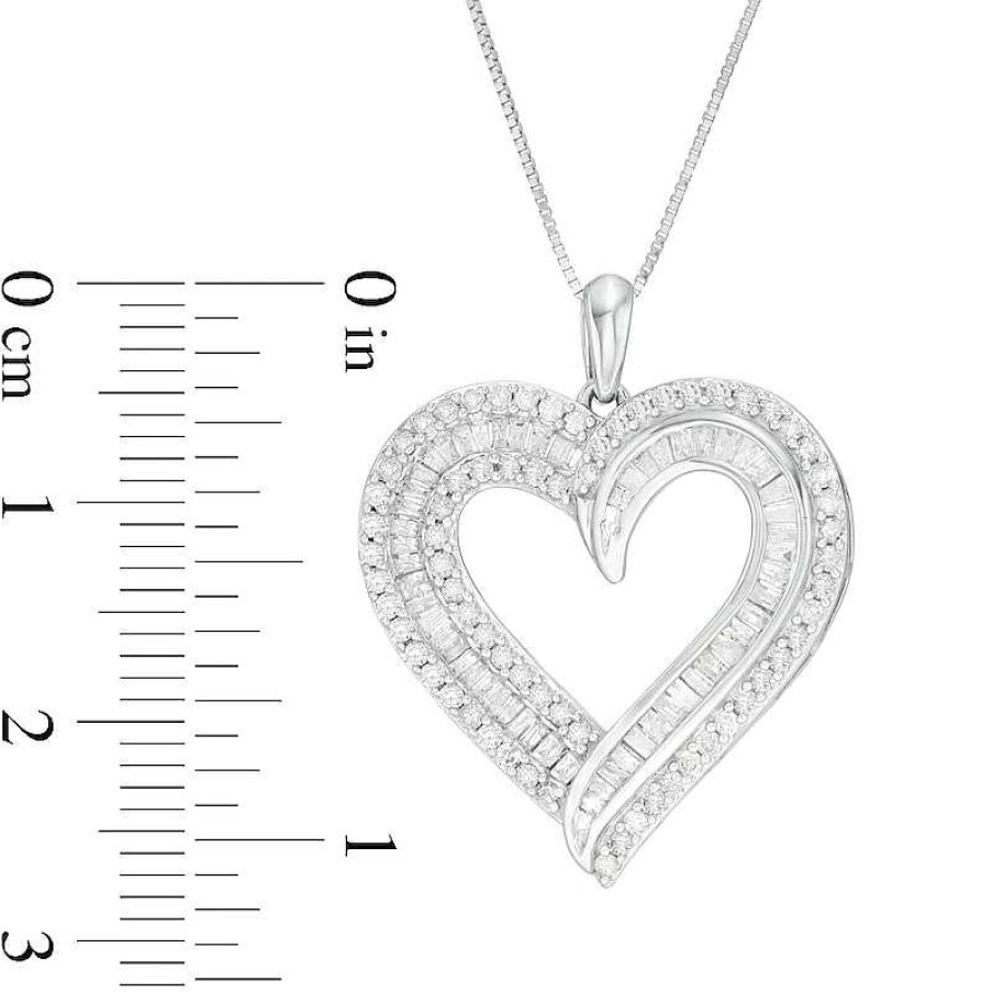 Zales 1 Ct. T.W. Baguette And Round Diamond Double Row Heart Pendant In 10K White Gold Necklaces