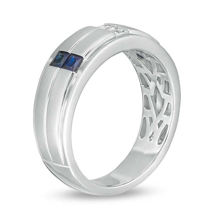 Zales Vera Wang Love Collection Men'S 1/4 Ct. T.W. Square-Cut Diamond And Blue Sapphire Wedding Band In 14K White Gold Rings