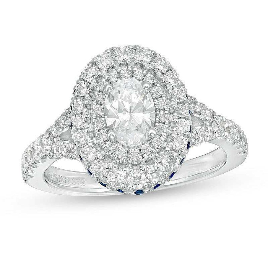 Zales Vera Wang Love Collection 1-1/5 Ct. T.W. Oval Diamond And Blue Sapphire Double Frame Engagement Ring In 14K White Gold Rings