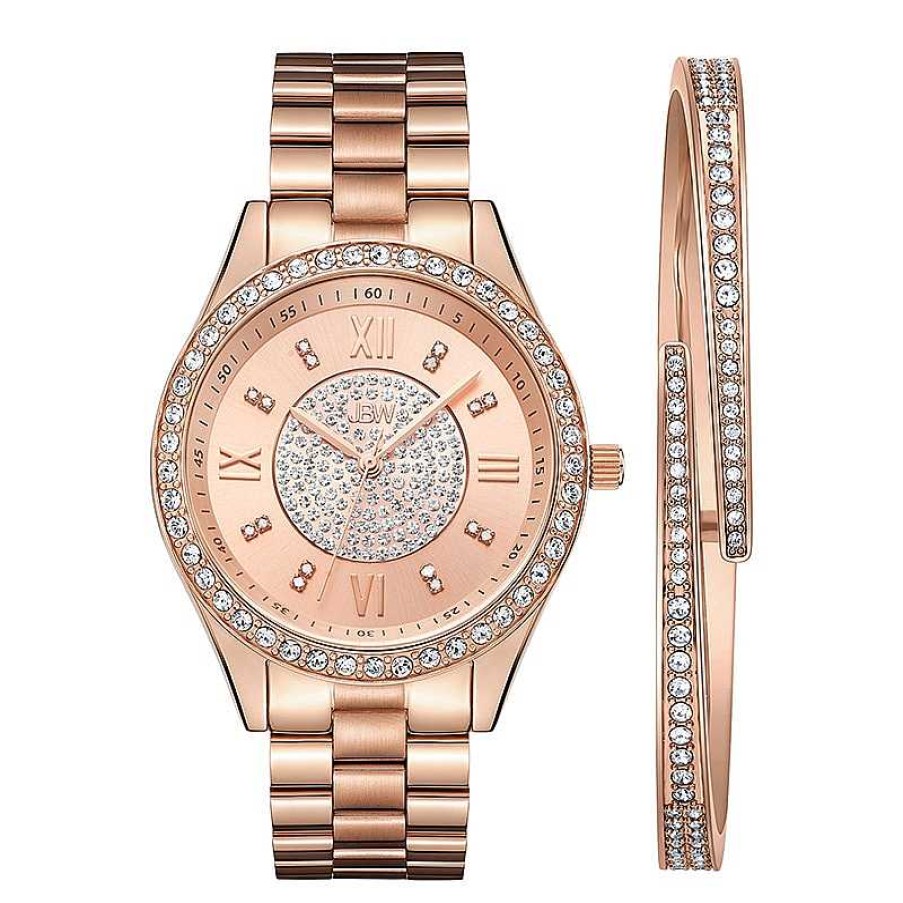 JBW Ladies' Jbw Mondrian 1/6 Ct. T.W. Diamond And Crystal Accent 18K Rose Gold Plate Watch And Bangle Set (Model: J6303-Setc) Watches