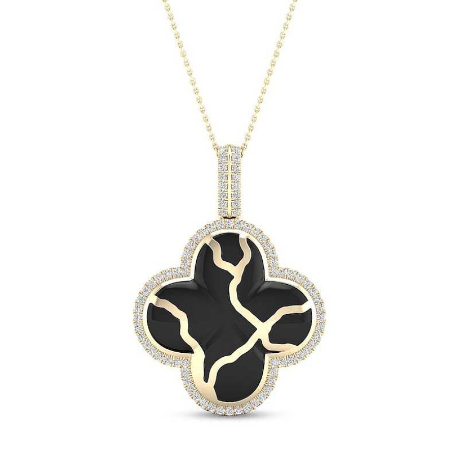 Zales 1/4 Ct. T.W. Diamond Edge Clover Black Kintsugi-Style Pendant In 10K Gold With Ceramic Necklaces