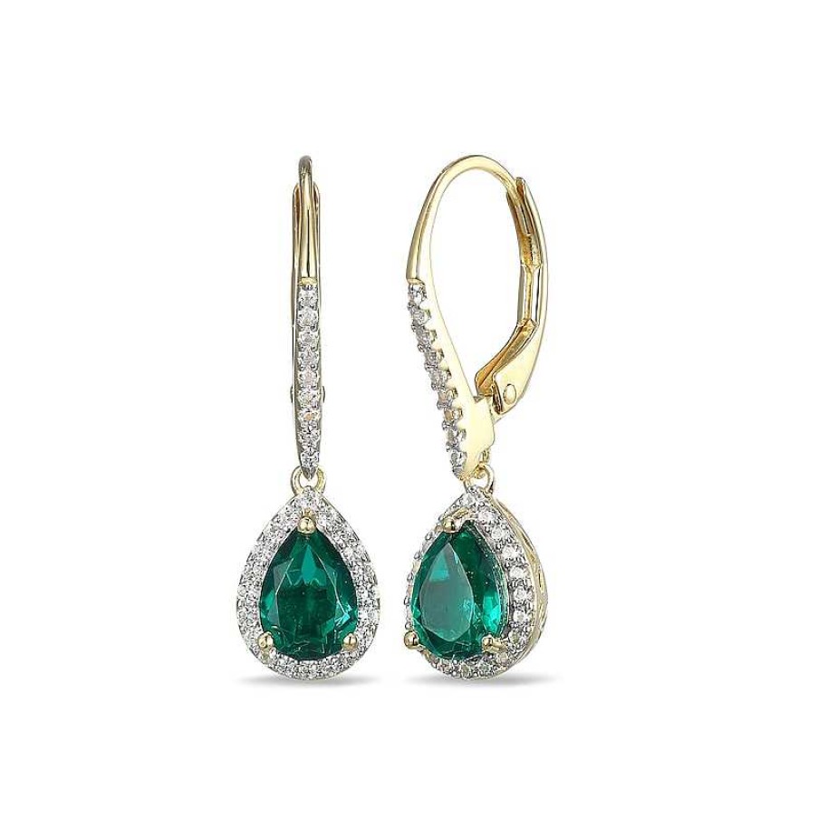 Zales Pear-Shaped Green Quartz And White Lab-Created Sapphire Frame Drop Earrings In Sterling Silver With 18K Gold Plate Earrings